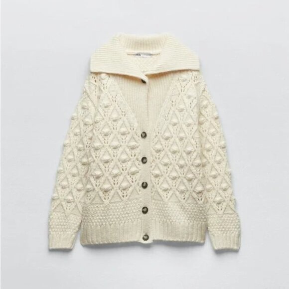Zara Pompom Knit Cardigan Jacket Bloggers Favourite Cream Ecru Size Small - Picture 2 of 10